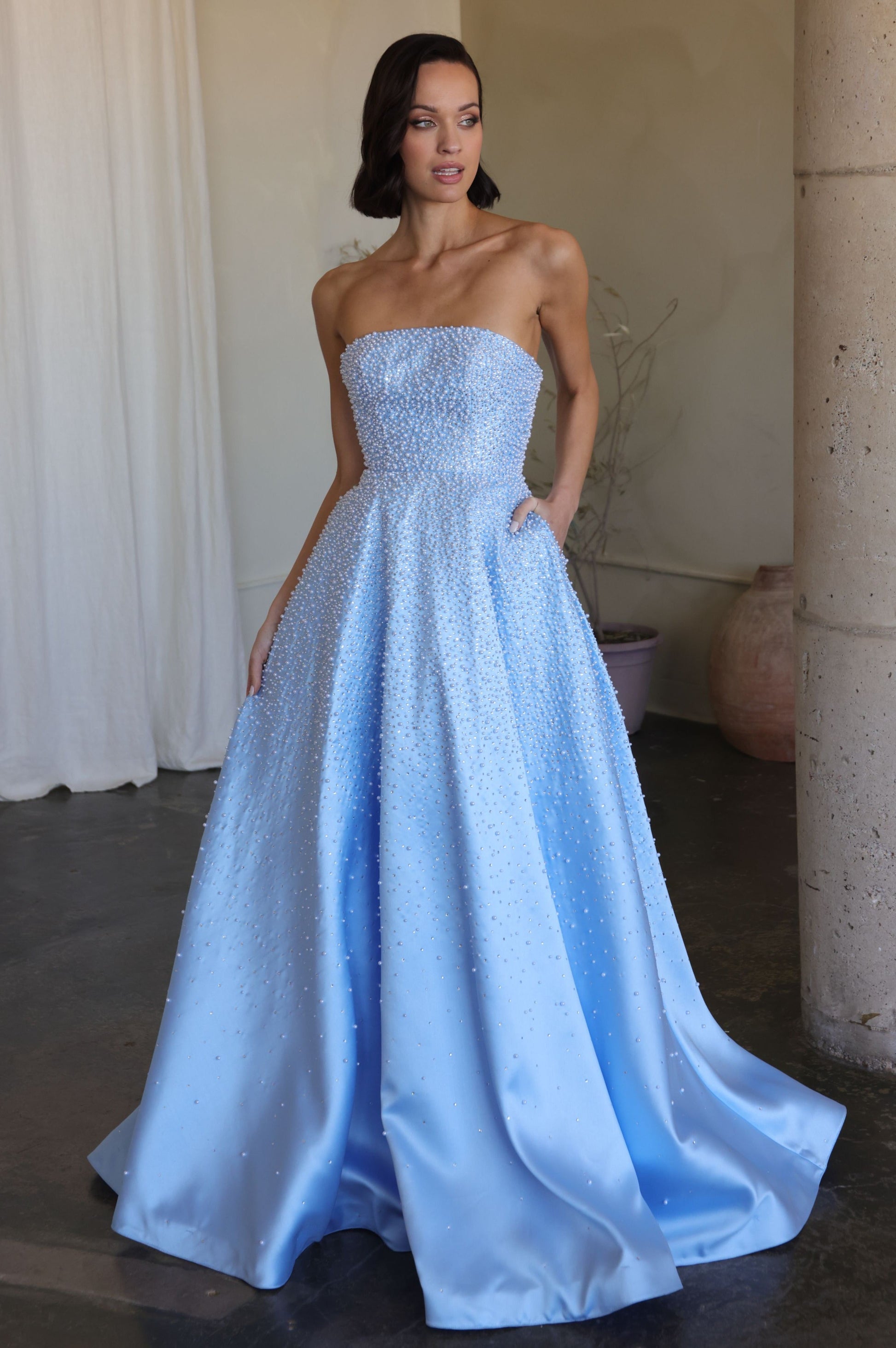 42500 Ava Presley Strapless A- Pearl Embellished Dress