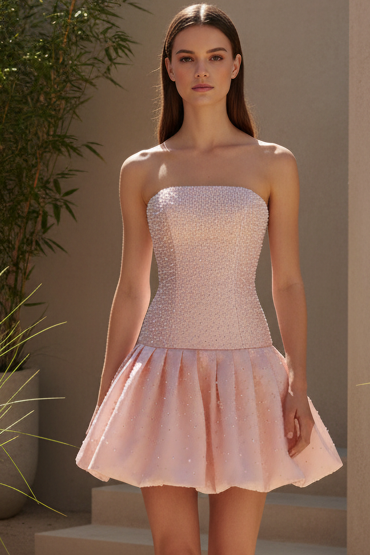 42505 Ava Presley Strapless Pearl Satin Cocktail Dress