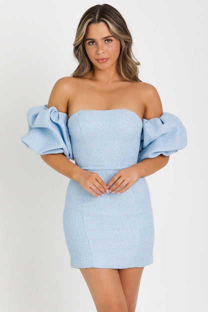 42913 Ava Presley Tweed Dress with Puff Sleeves