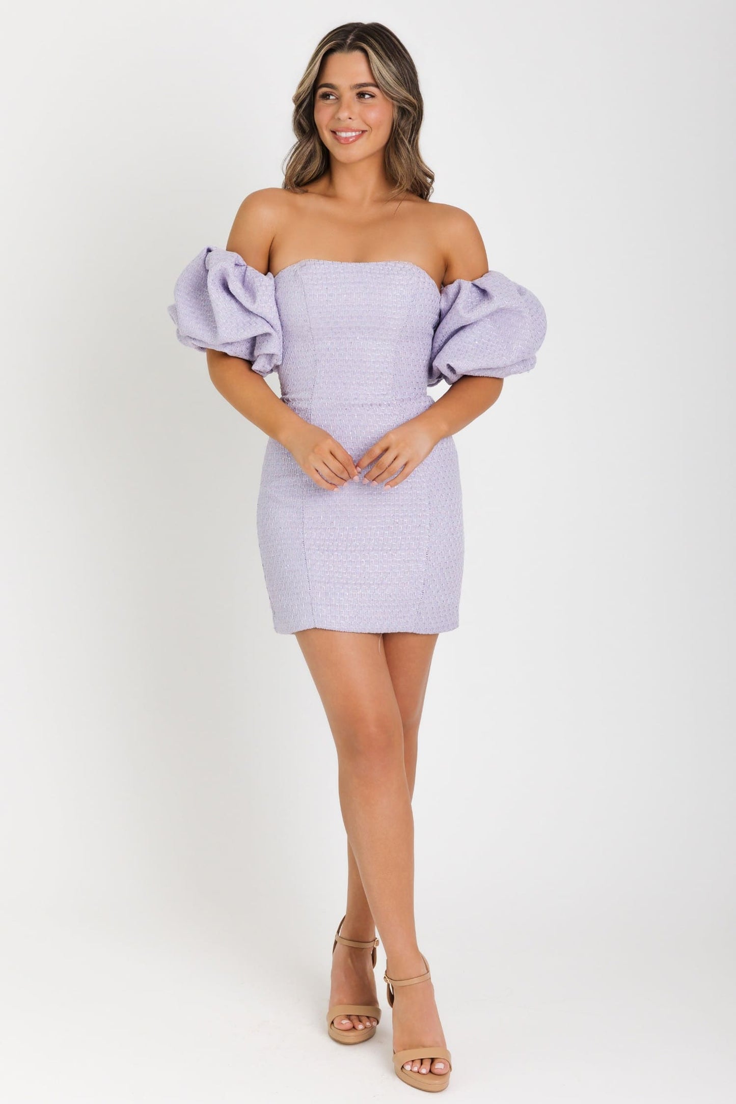 42913 Ava Presley Tweed Dress with Puff Sleeves