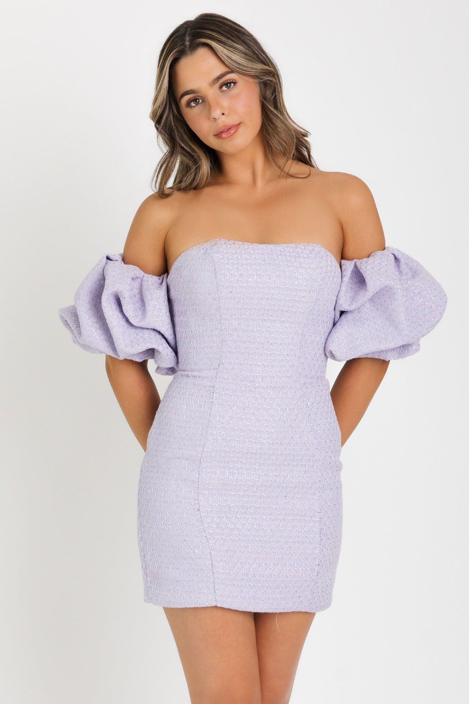 42913 Ava Presley Tweed Dress with Puff Sleeves
