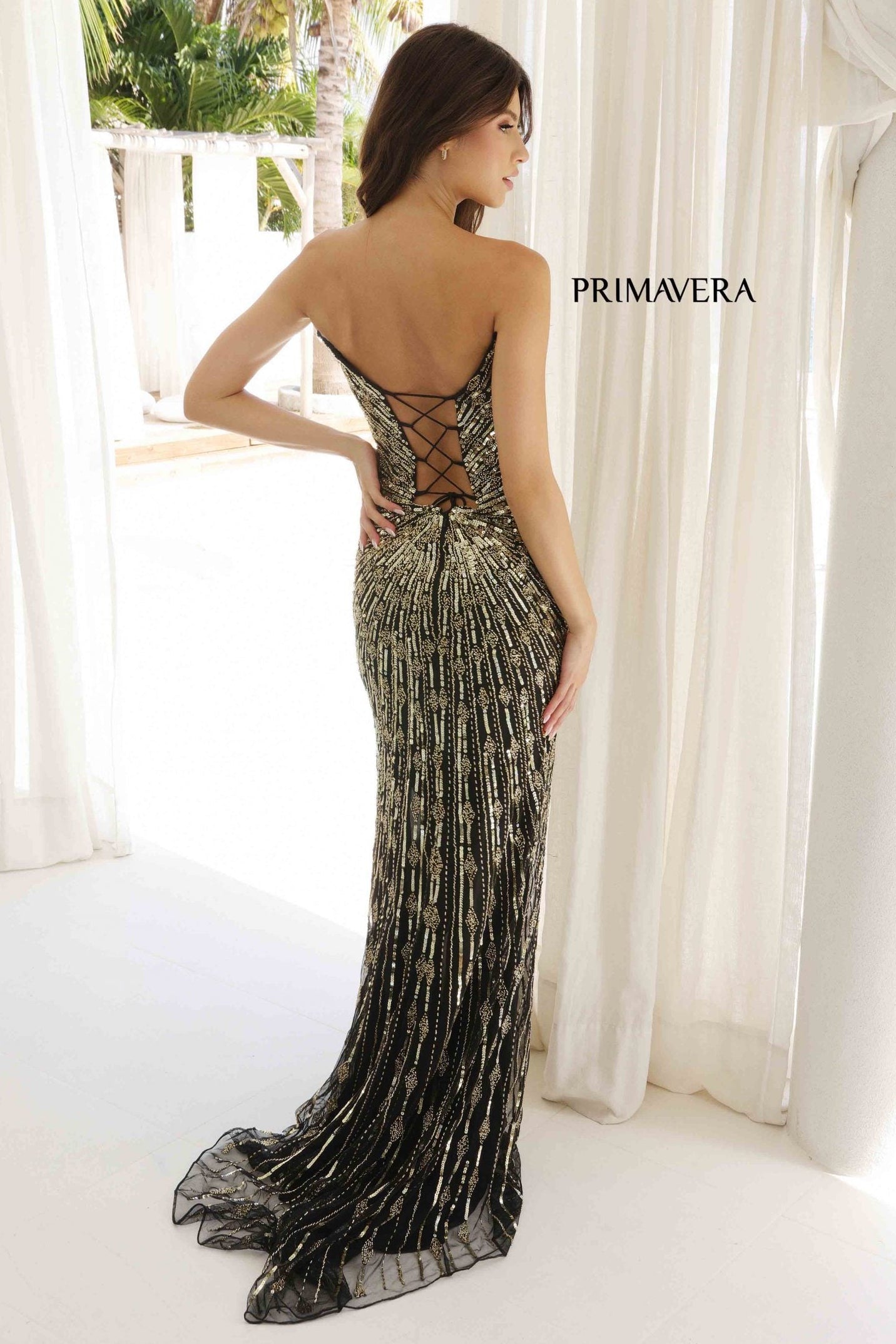 4301 Primavera Strapless Beaded V-Neck Gown