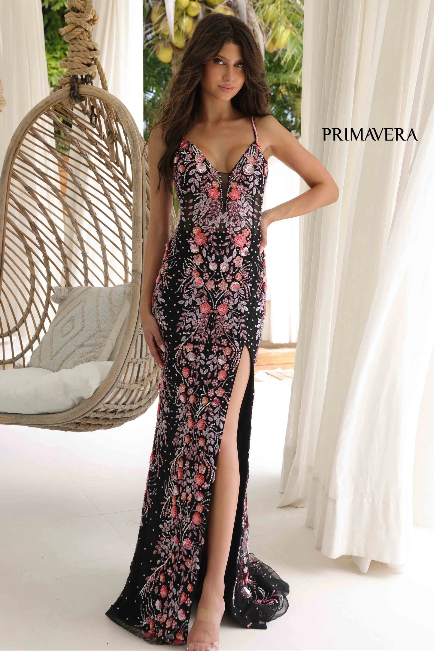 4313 Primavera Floral Beaded Deep V-Neck Gown