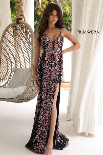 4313 Primavera Floral Beaded Deep V-Neck Gown