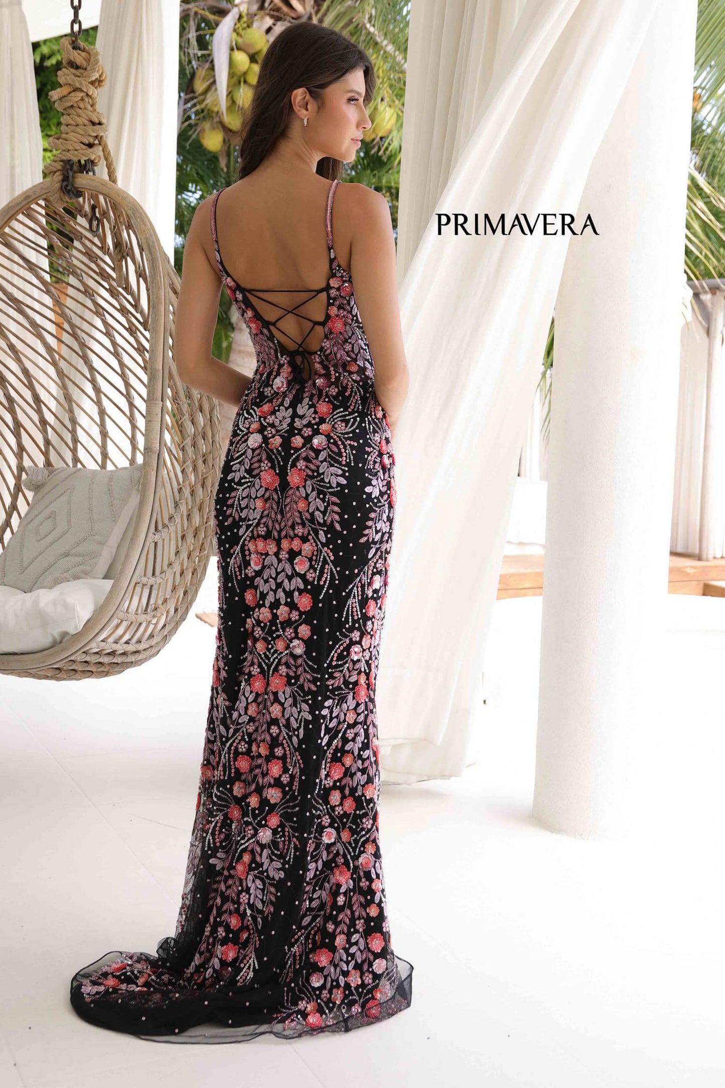 4313 Primavera Floral Beaded Deep V-Neck Gown