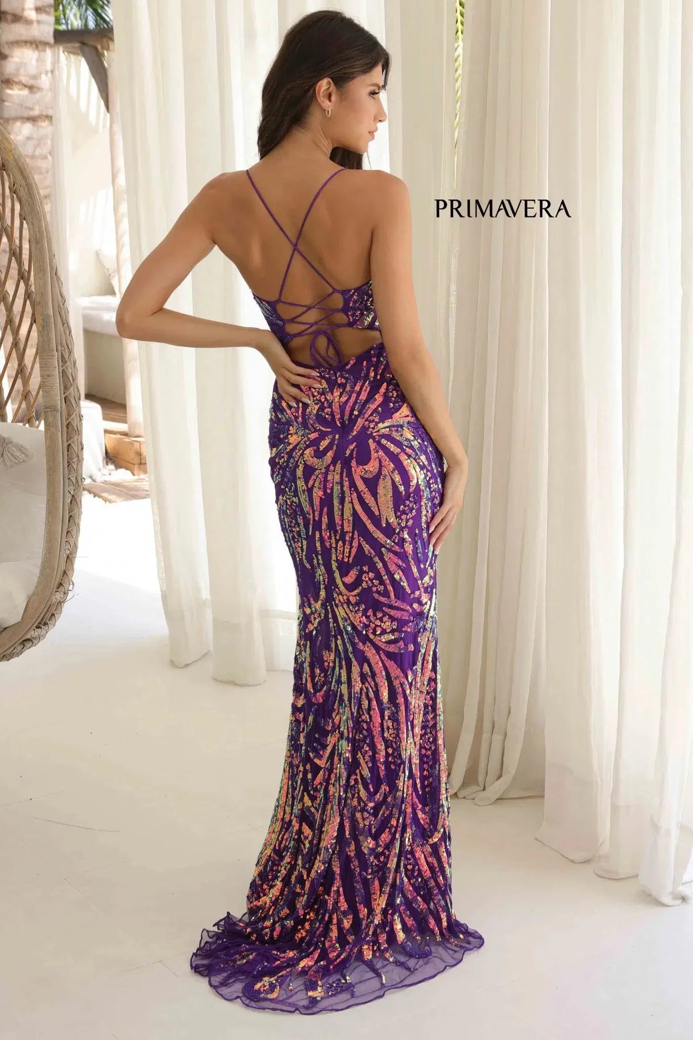 4362 Primavera Iridescent Sequin Gown with Scoop Neckline