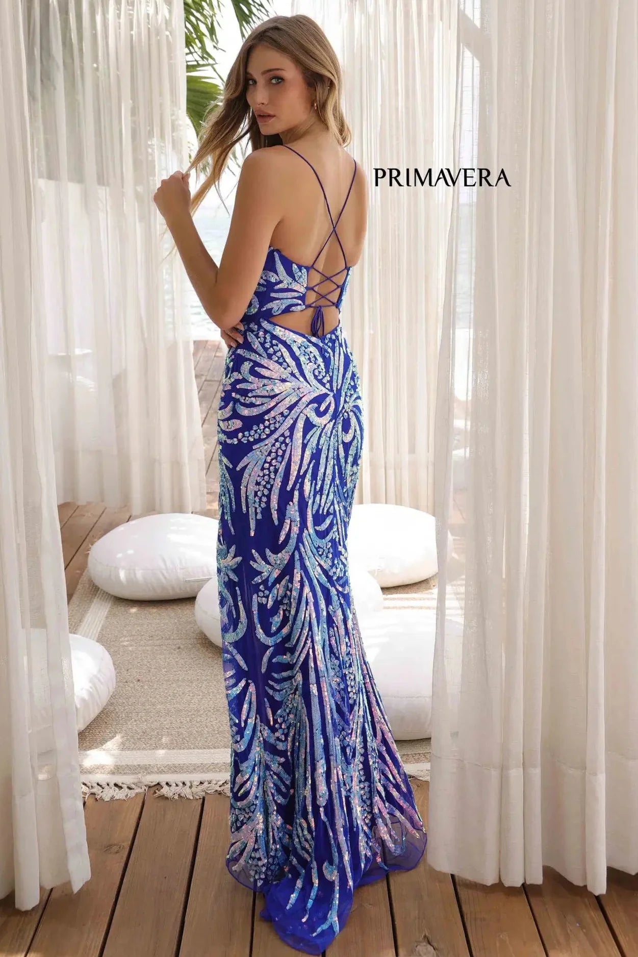 4362 Primavera Iridescent Sequin Gown with Scoop Neckline