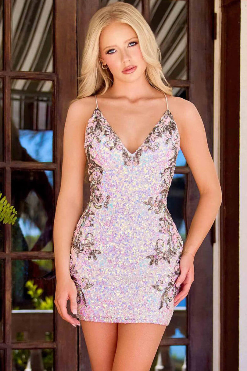 4411 Primavera Beaded Lace-Up Mini Dress