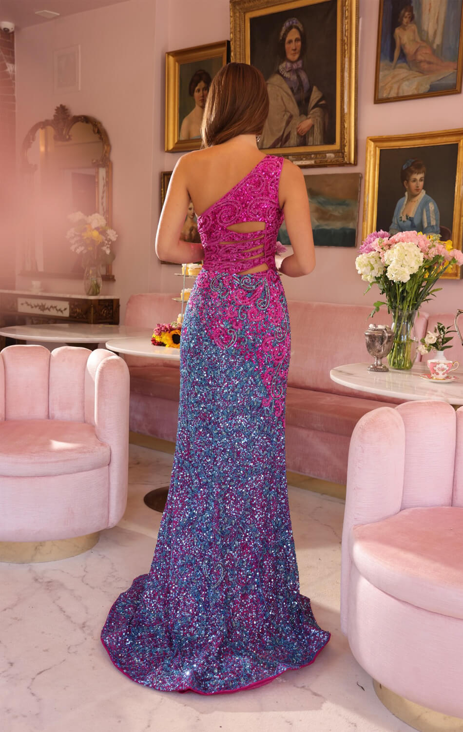 47039 Ava Presley One Shoulder Beaded Dress with Cut-outs
