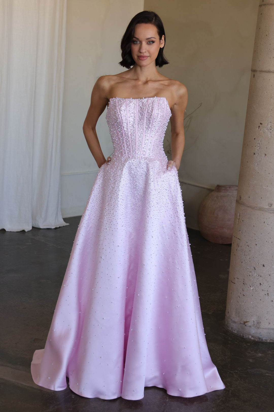 47283 Ava Presley Mikado A- Corset Dress with Pearls
