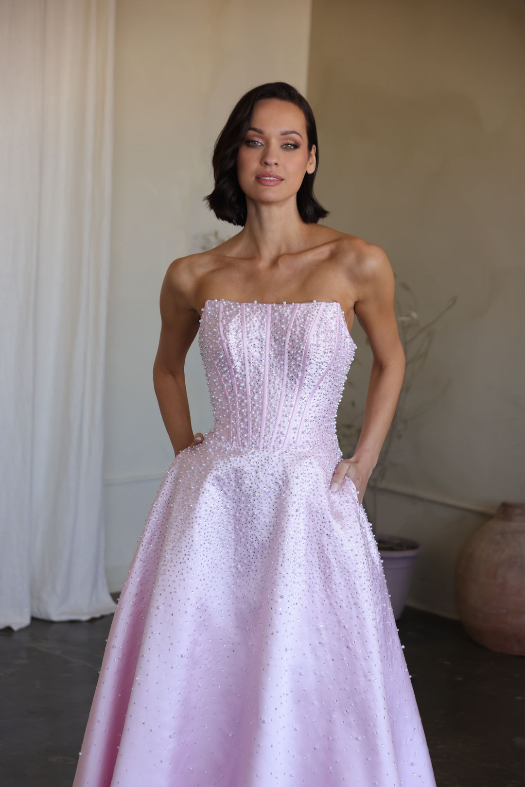 47283 Ava Presley Mikado A- Corset Dress with Pearls