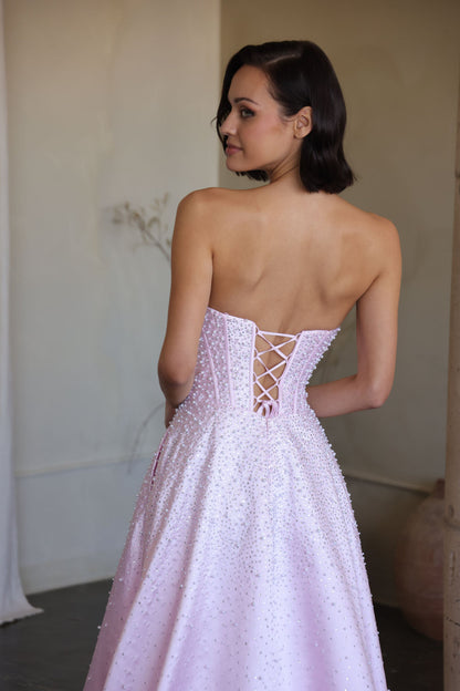 47283 Ava Presley Mikado A- Corset Dress with Pearls