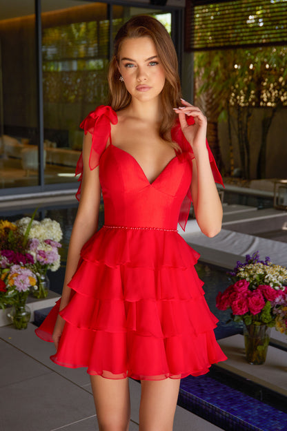 47320 Ava Presley Ruffle Strap Tiered Chiffon Mini Dress
