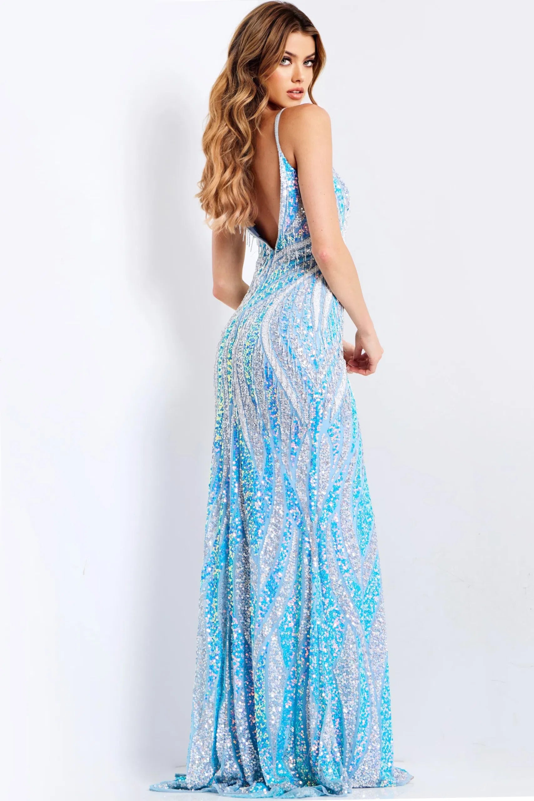47710 Jovani Sequin Gown with Fringe Detail in Light Blue