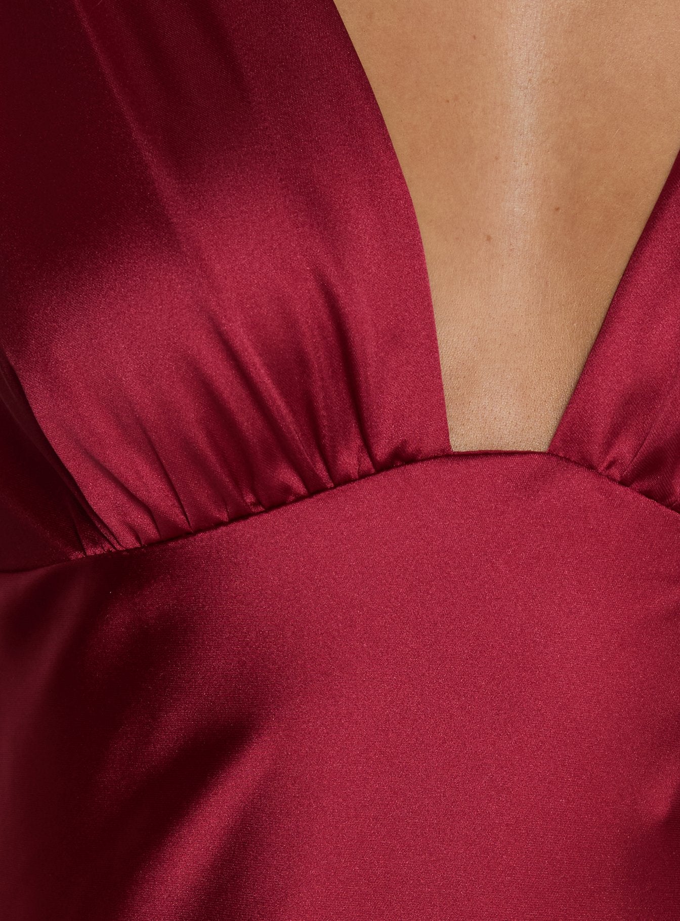 False Alarm Plunge Asymmetrical Pleat Maxi Dress Red