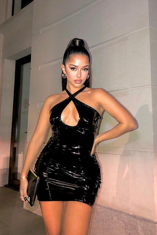 Black Vinyl Cross Strap Halterneck Mini Dress