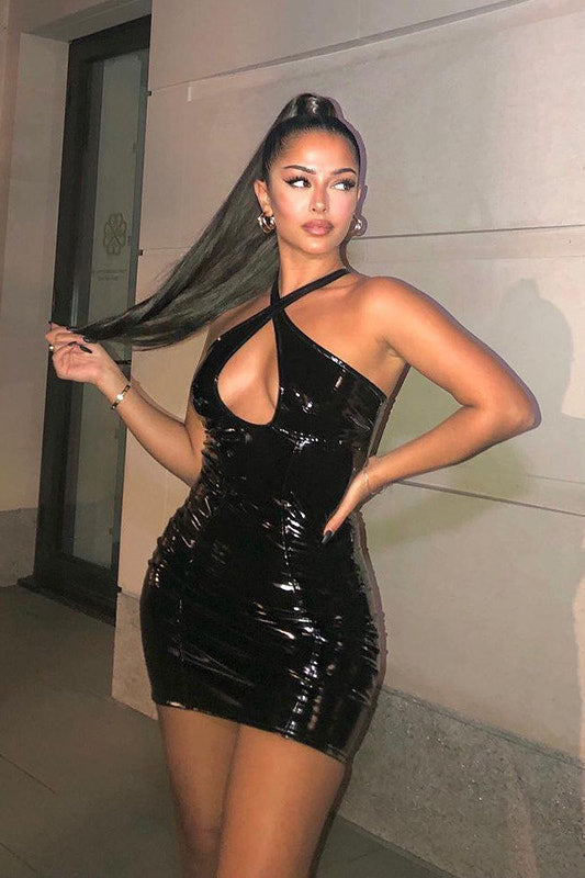 Black Vinyl Cross Strap Halterneck Mini Dress