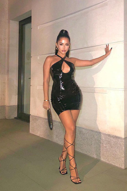 Black Vinyl Cross Strap Halterneck Mini Dress