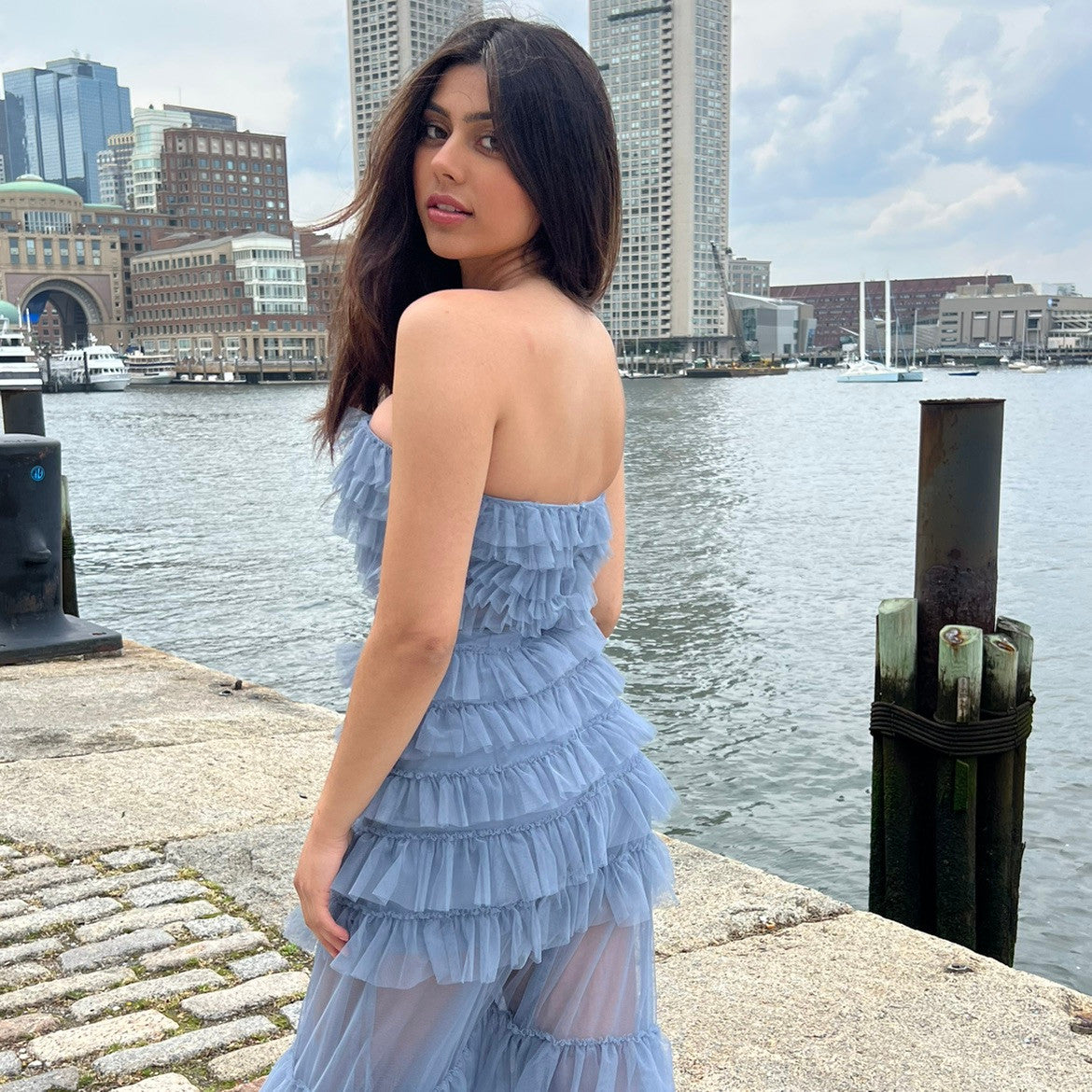 Georgia Maxi Dress Smoky Blue Ruffle Tulle Dress With Sheer Detail