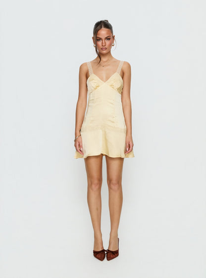 Sybelle Lace Drop Waist Mini Dress Yellow