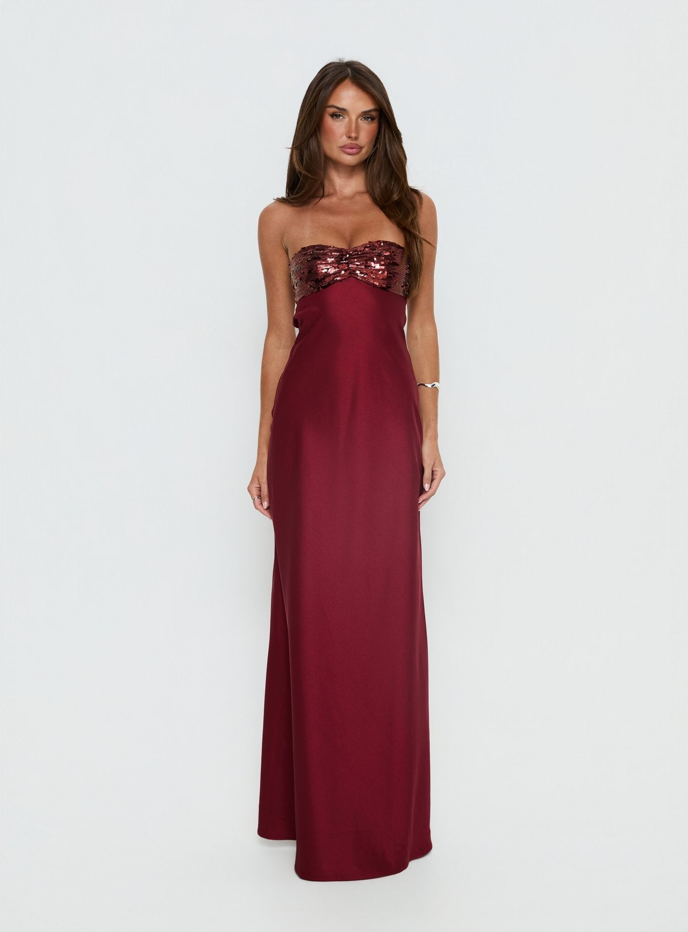 See The Vision Sequin Bust Strapless Maxi Dress Burgundy