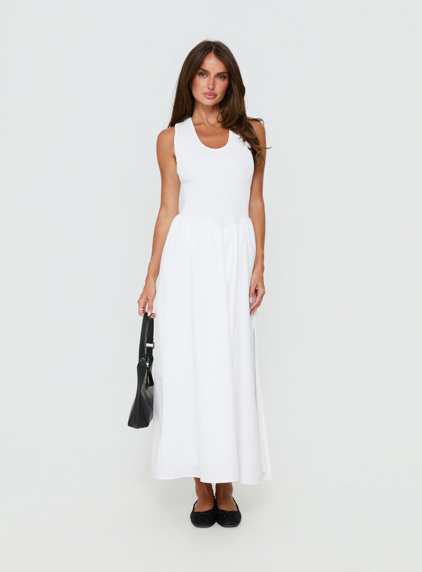 Highgate Drop Waist Pleat Detail Maxi Dress White