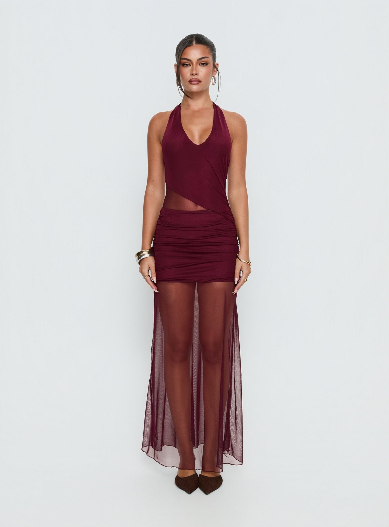 Desta Halter Sheer Maxi Dress Burgundy