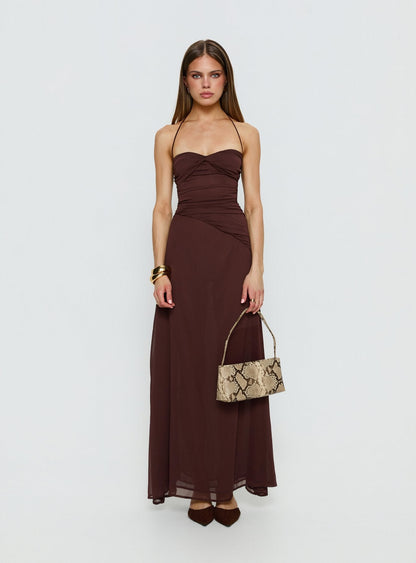 Kaemila Halter Chiffon Maxi Dress Brown