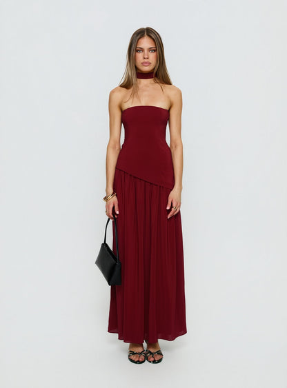 Odela Strapless Scarf Drop Waist Maxi Dress Cherry