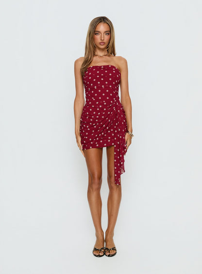 Karlena Strapless Ruched Mini Dress Burgundy Polka Dot