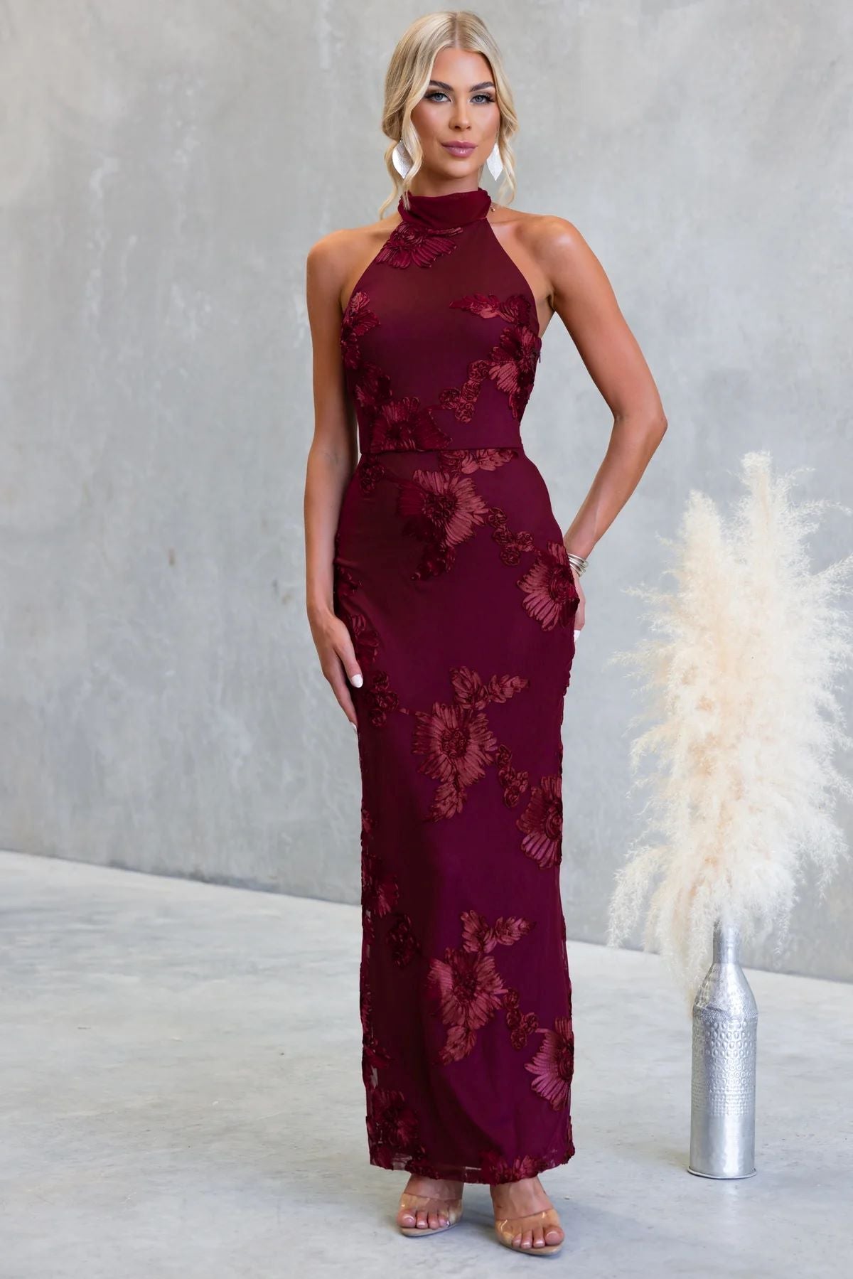 Rochelle Maxi Dress Wine Floral Appliqué Dress
