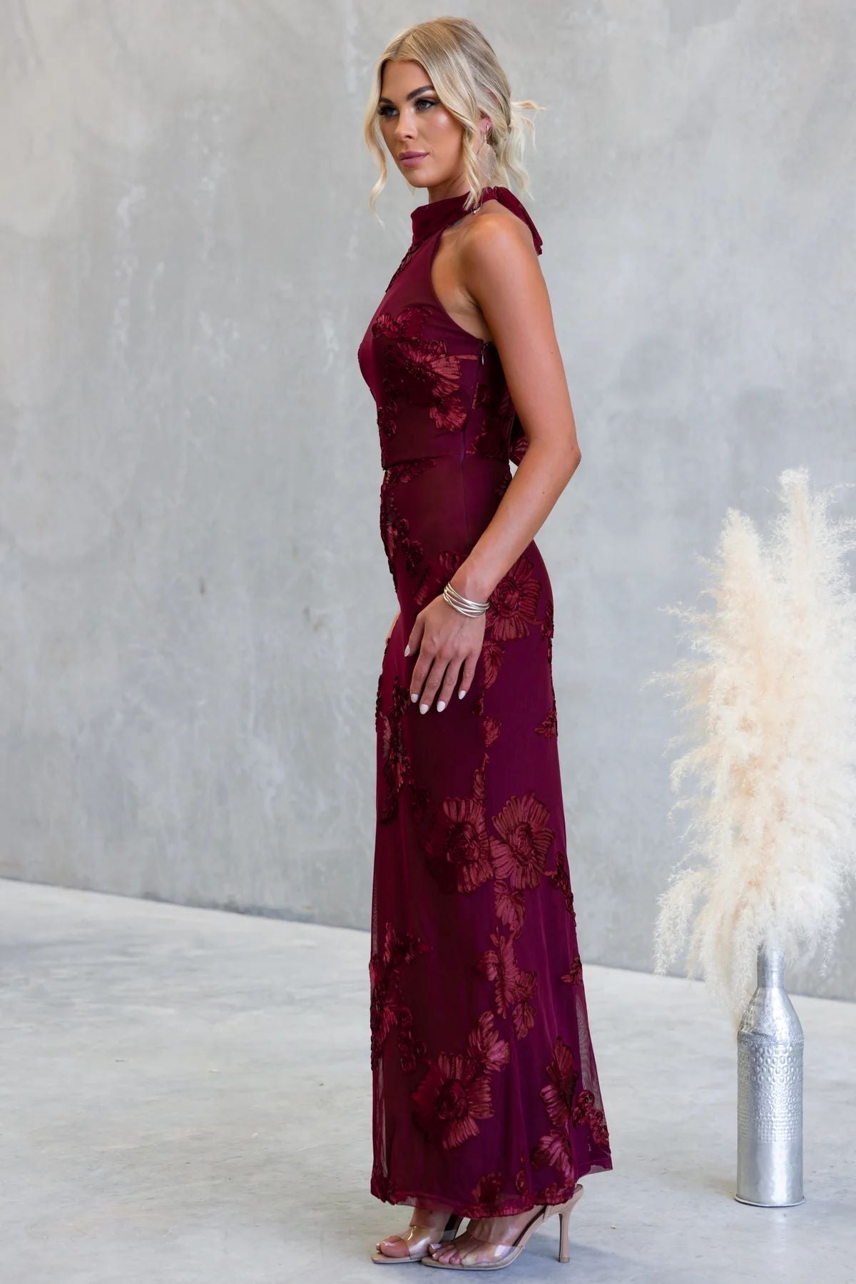 Rochelle Maxi Dress Wine Floral Appliqué Dress