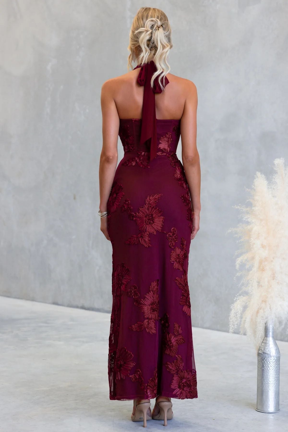 Rochelle Maxi Dress Wine Floral Appliqué Dress