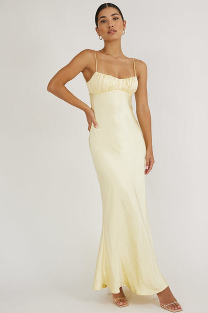 Paula Maxi Dress Lemon Yellow Satin Slip Dress