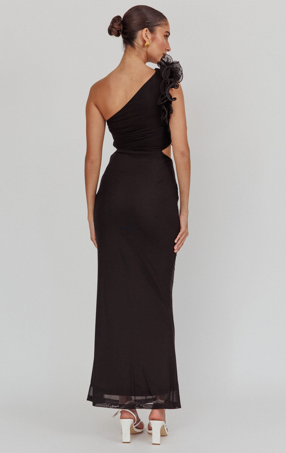 LIZBETH ONE SHOULDER MESH MAXI DRESS BLACK