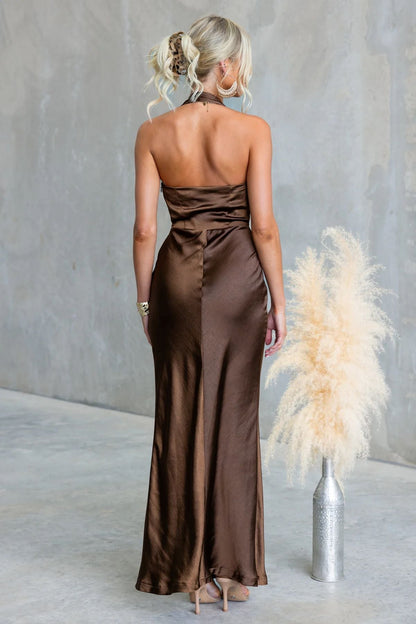 Meridia Maxi Dress Chocolate Satin Halter Dress