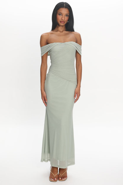 Sofia Maxi Dress Sage Off-the-Shoulder Ruched Mesh Dress