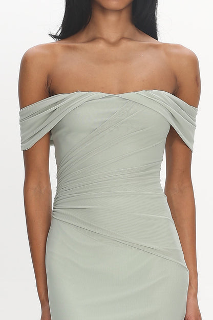 Sofia Maxi Dress Sage Off-the-Shoulder Ruched Mesh Dress