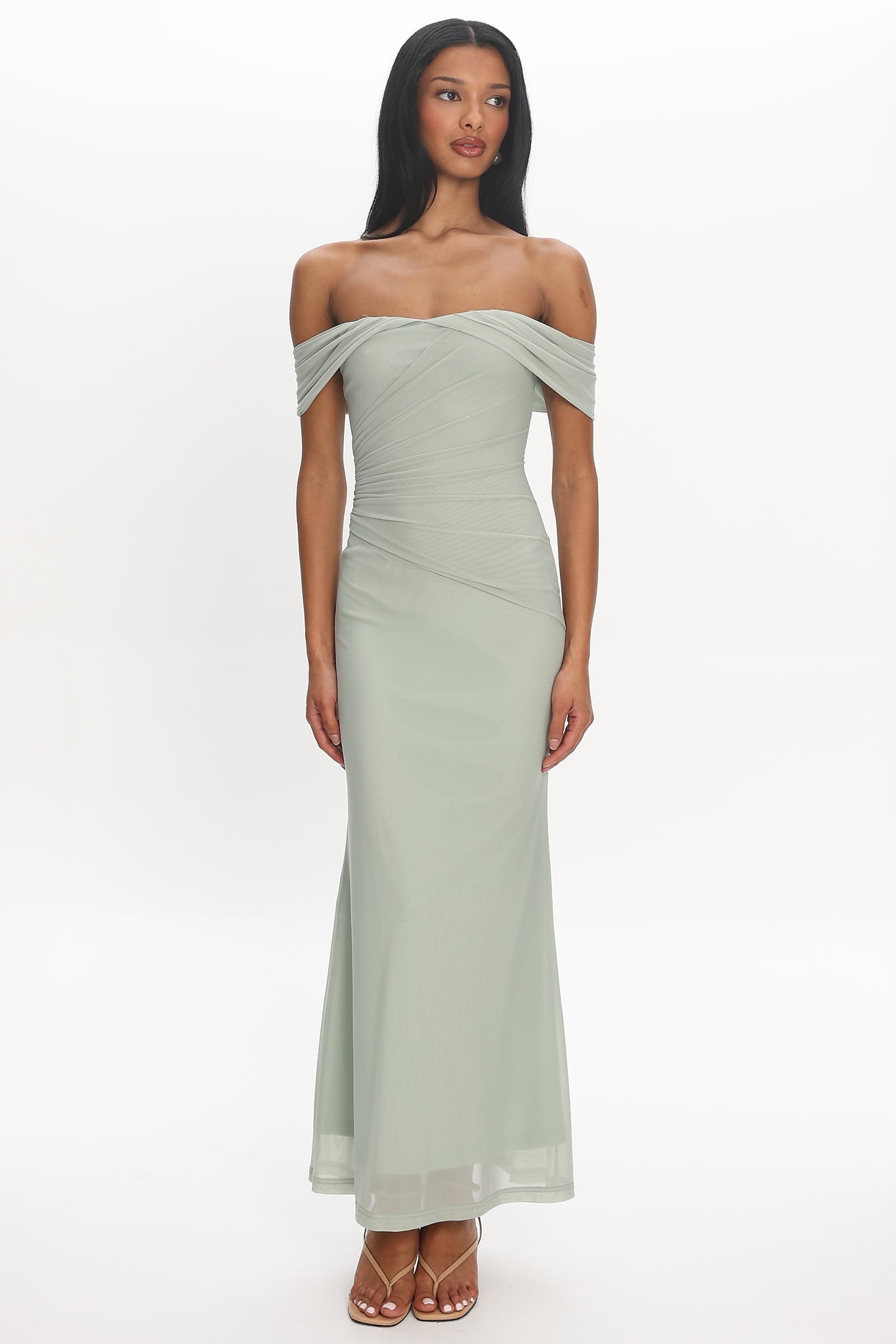 Sofia Maxi Dress Sage Off-the-Shoulder Ruched Mesh Dress