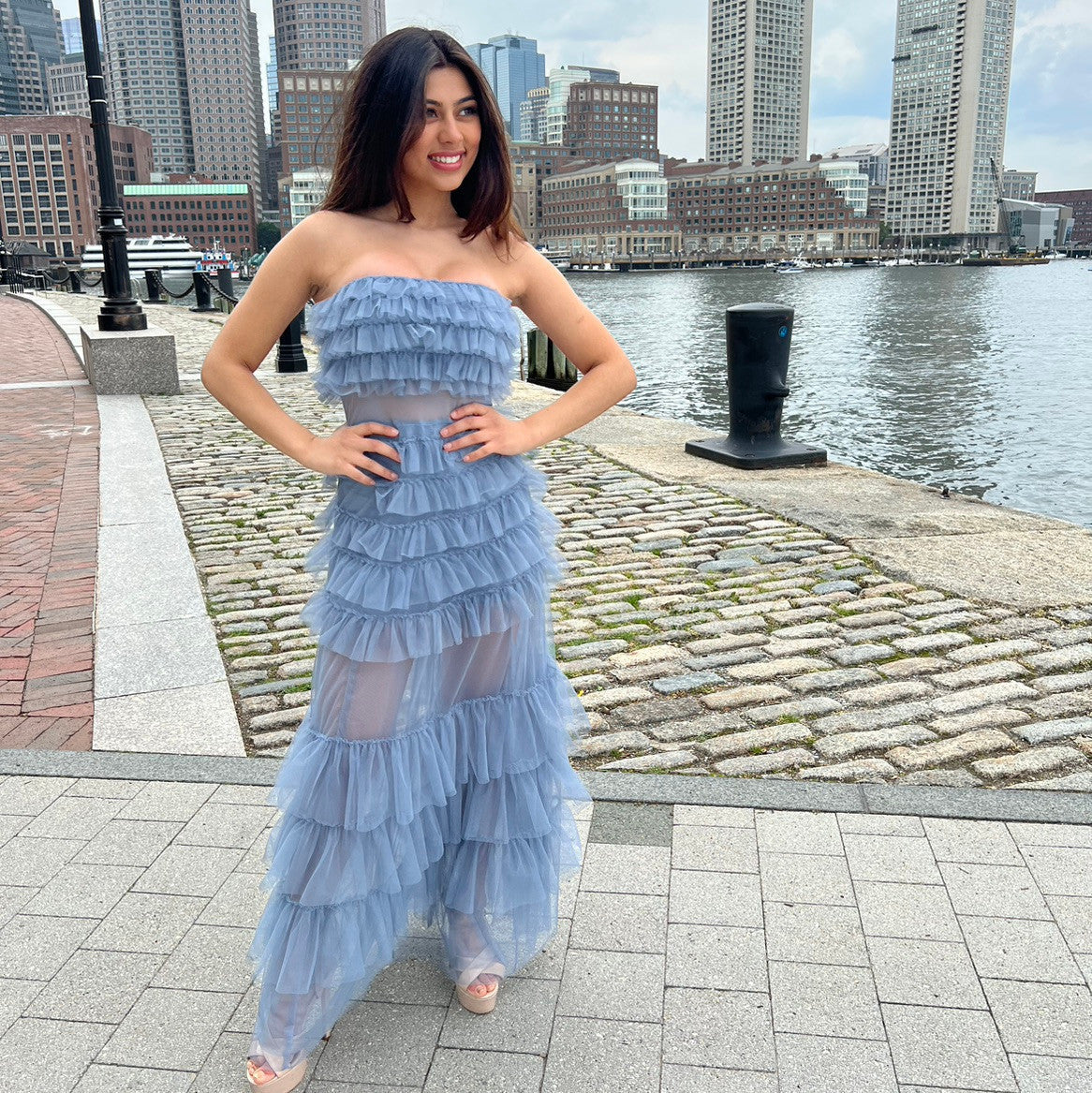 Georgia Maxi Dress Smoky Blue Ruffle Tulle Dress With Sheer Detail