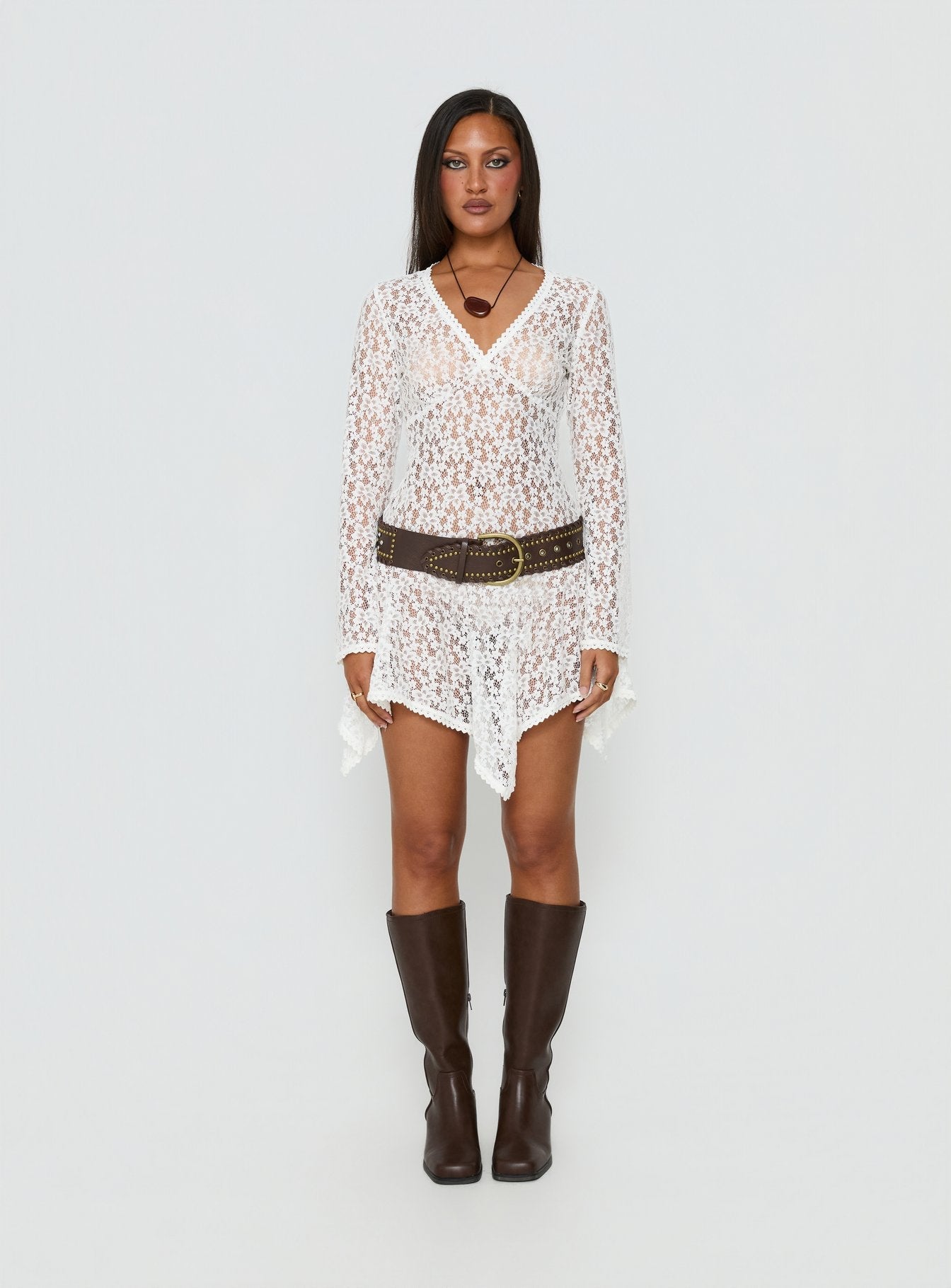 Somanie Long Sleeve Lace Mini Dress White