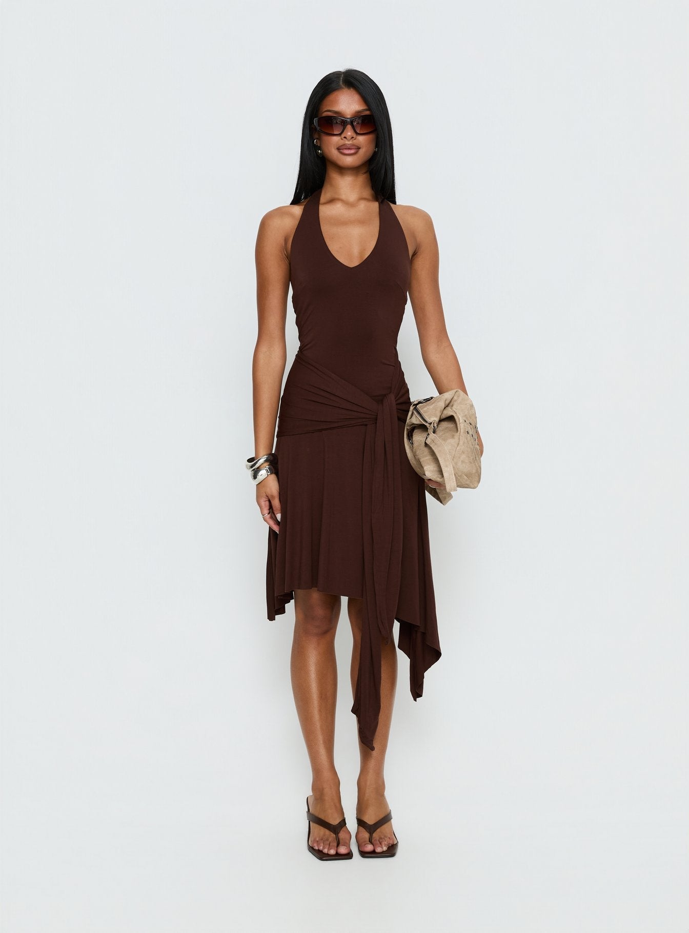 Moonlit Honey Asymmetrical Halter Jersey Midi Dress Chocolate