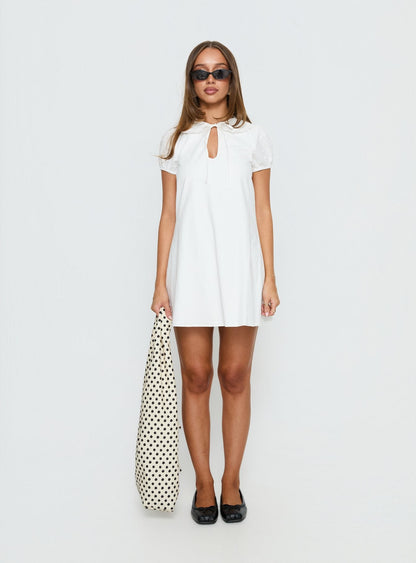 You've Got Mail Lace Trim Keyhole Mini Dress White