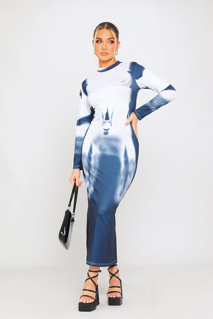 Blue & White Body Art Print High Neck Midi Dress