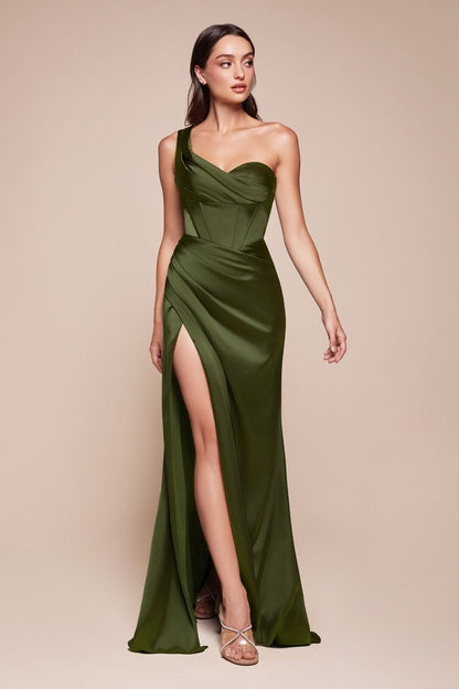 AUDRA GOWN ONE SHOULDER LUXE SATIN CORSET DRESS