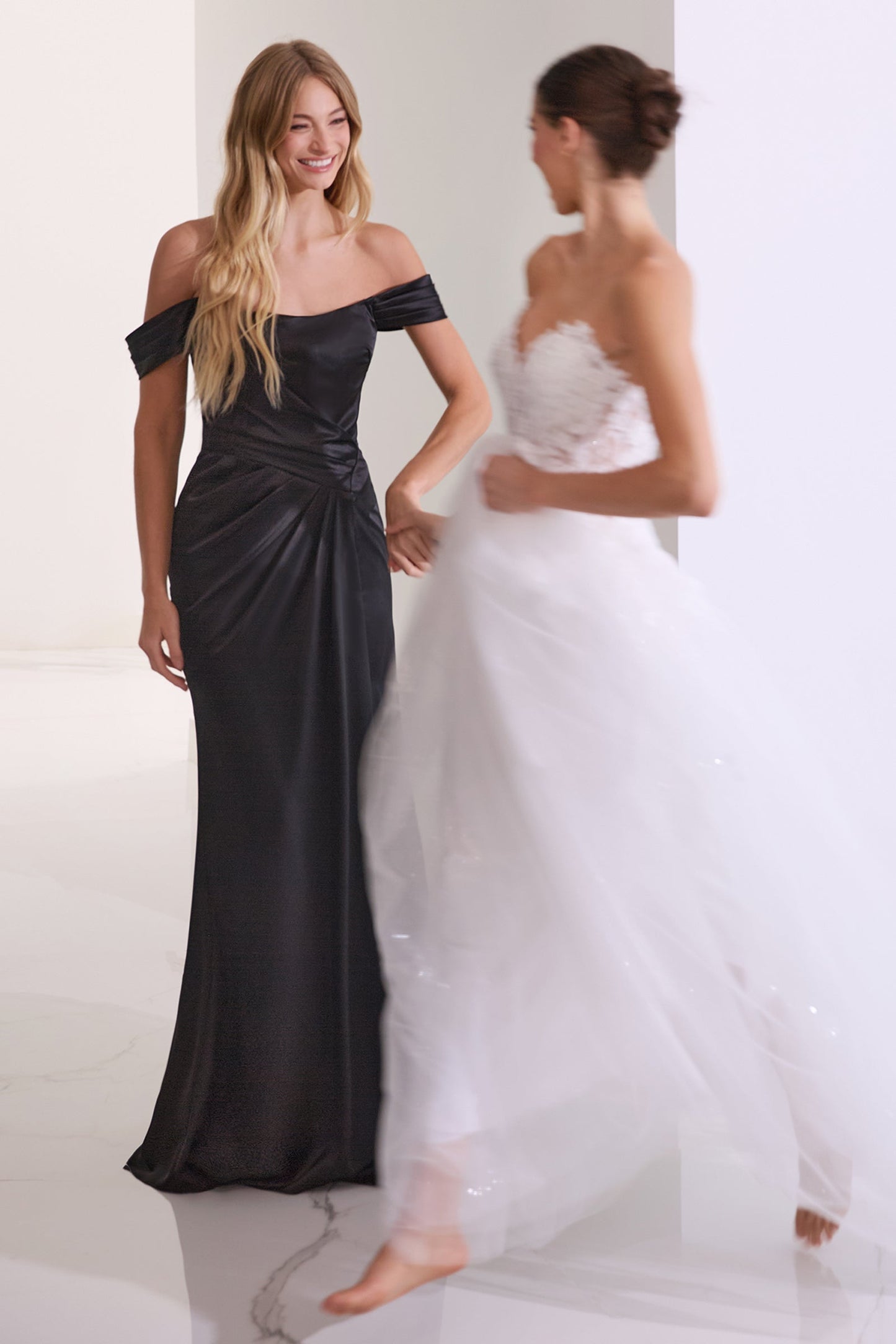 EMERSON GOWN OFF THE SHOULDER LUXE SATIN DRESS