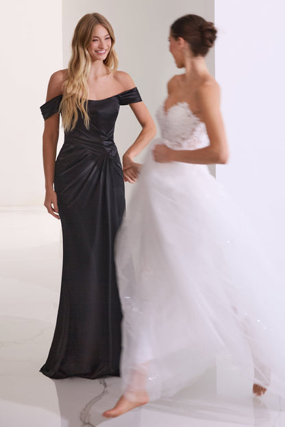 EMERSON GOWN OFF THE SHOULDER LUXE SATIN DRESS
