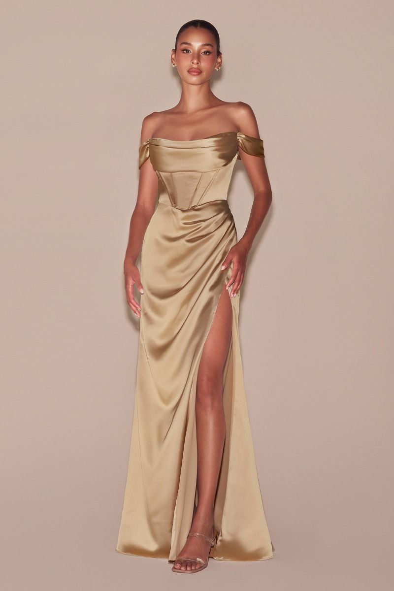 MABEL GOWN OFF THE SHOULDER LUXE SATIN CORSET DRESS