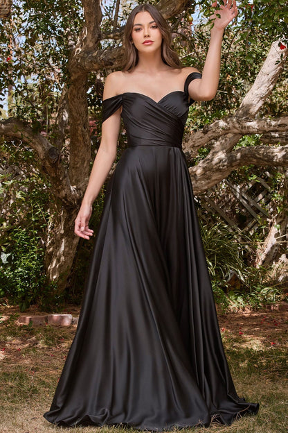 JILLIAN GOWN A- SOFT SATIN OFF THE SHOULDER DRESS