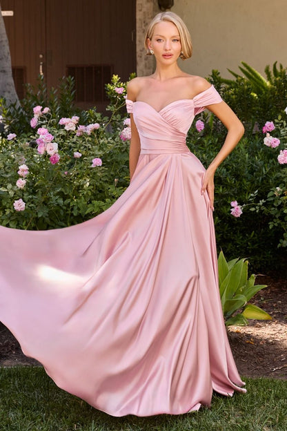 JILLIAN GOWN A- SOFT SATIN OFF THE SHOULDER DRESS